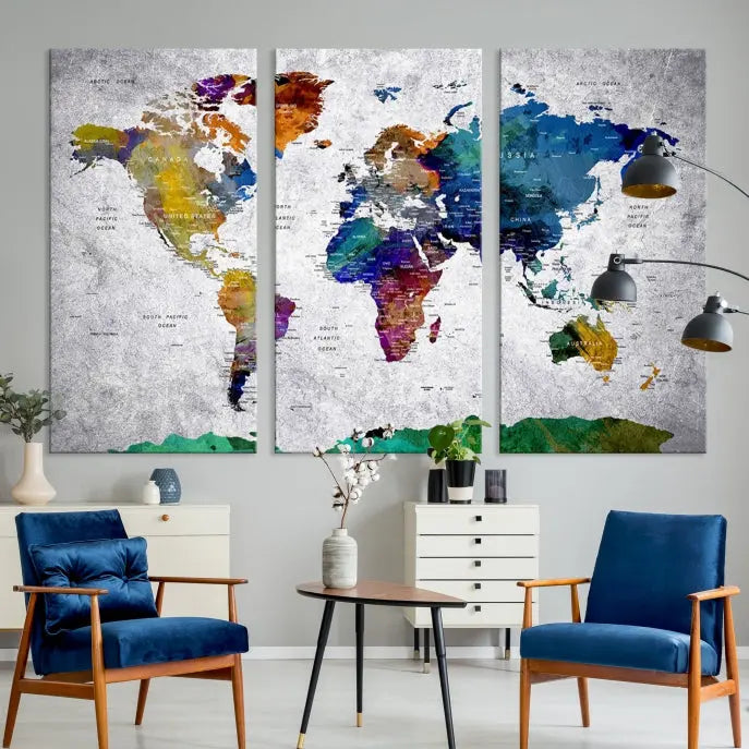 A three-panel, museum-quality Wall Art Push Pin World Map with Antarctica Canvas Print elegantly hangs, adding sophistication to the space.