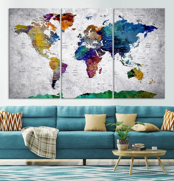 A three-panel, museum-quality Wall Art Push Pin World Map with Antarctica Canvas Print elegantly hangs, adding sophistication to the space.