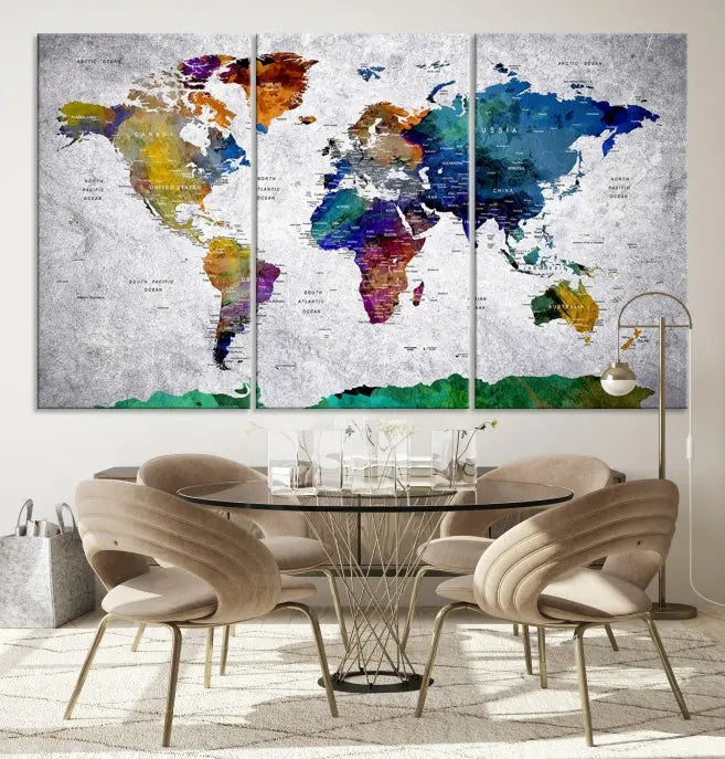 A three-panel, museum-quality Wall Art Push Pin World Map with Antarctica Canvas Print elegantly hangs, adding sophistication to the space.