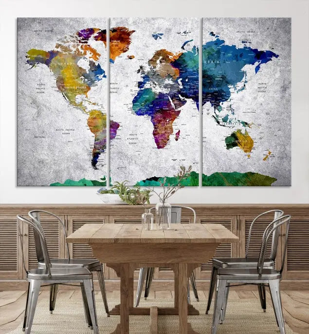 A three-panel, museum-quality Wall Art Push Pin World Map with Antarctica Canvas Print elegantly hangs, adding sophistication to the space.