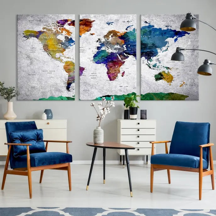 A three-panel, museum-quality Wall Art Push Pin World Map with Antarctica Canvas Print elegantly hangs, adding sophistication to the space.