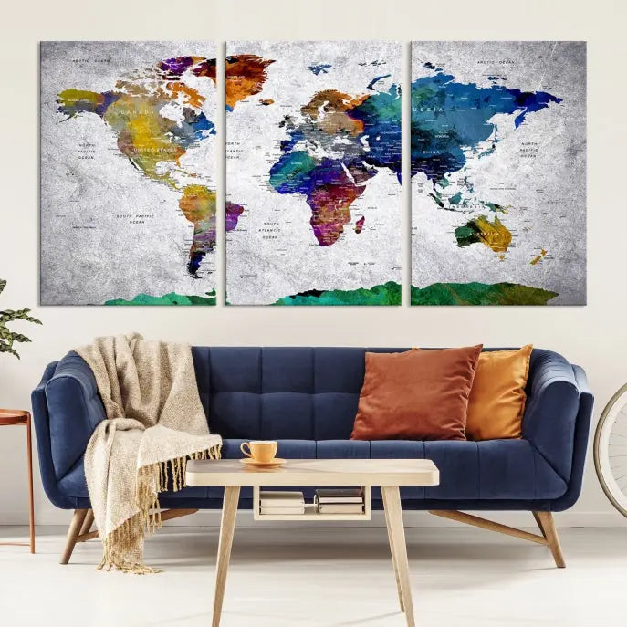 A three-panel, museum-quality Wall Art Push Pin World Map with Antarctica Canvas Print elegantly hangs, adding sophistication to the space.