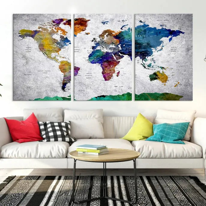 A three-panel, museum-quality Wall Art Push Pin World Map with Antarctica Canvas Print elegantly hangs, adding sophistication to the space.