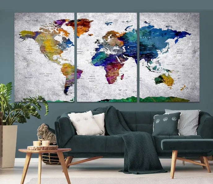 A three-panel, museum-quality Wall Art Push Pin World Map with Antarctica Canvas Print elegantly hangs, adding sophistication to the space.