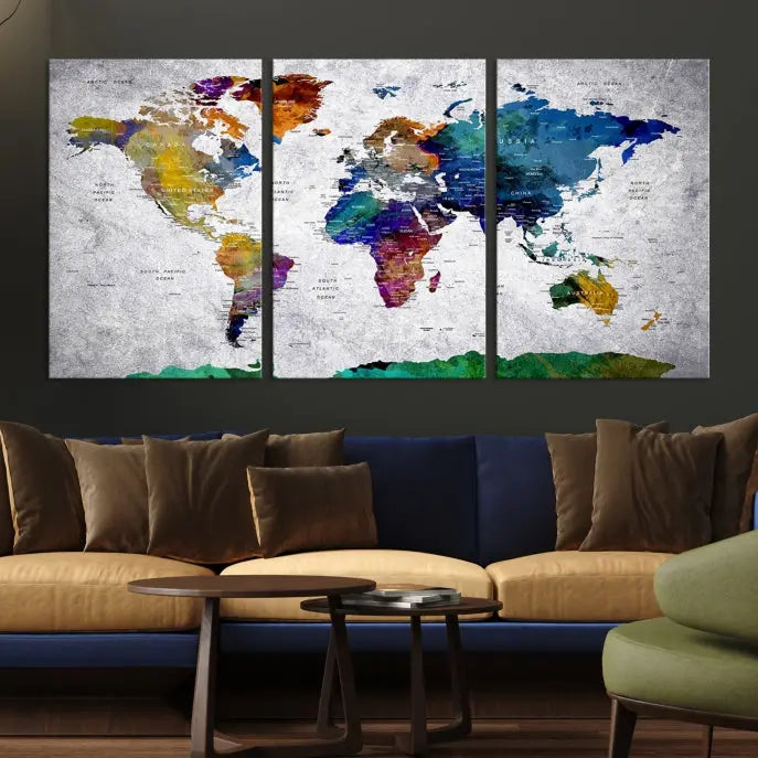 A three-panel, museum-quality Wall Art Push Pin World Map with Antarctica Canvas Print elegantly hangs, adding sophistication to the space.