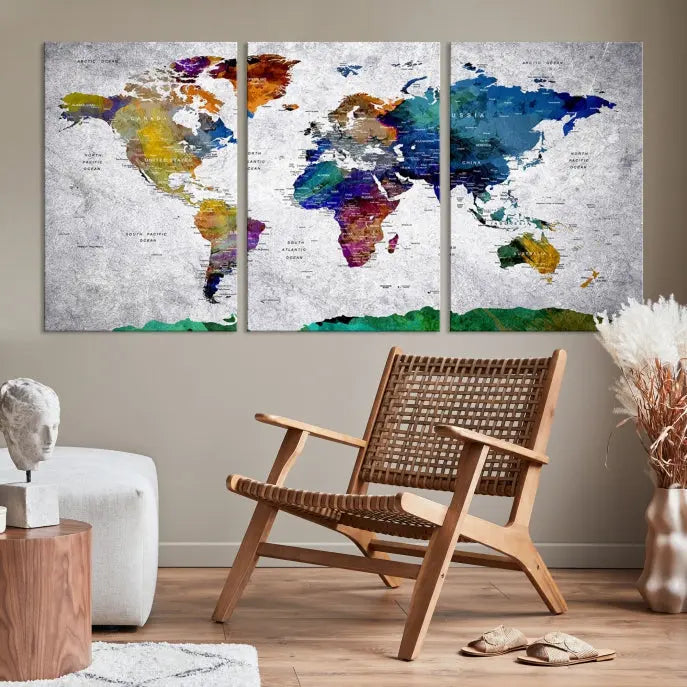 A three-panel, museum-quality Wall Art Push Pin World Map with Antarctica Canvas Print elegantly hangs, adding sophistication to the space.