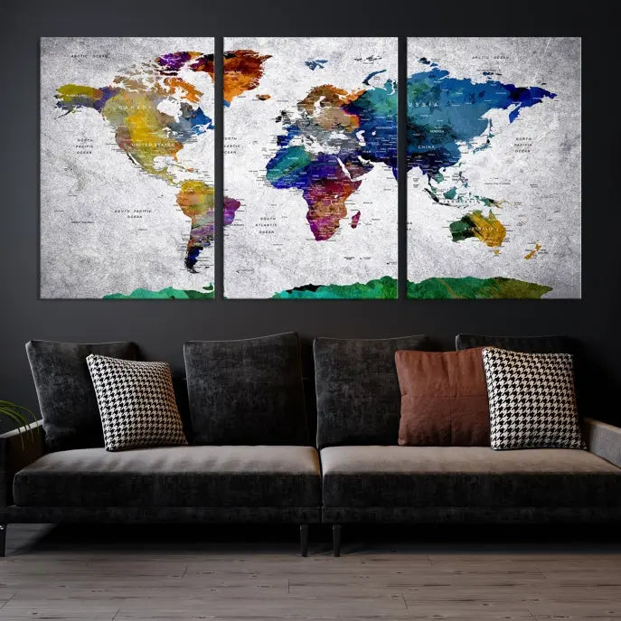 A three-panel, museum-quality Wall Art Push Pin World Map with Antarctica Canvas Print elegantly hangs, adding sophistication to the space.