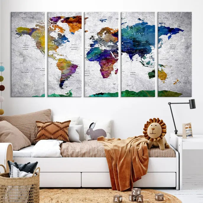 A three-panel, museum-quality Wall Art Push Pin World Map with Antarctica Canvas Print elegantly hangs, adding sophistication to the space.