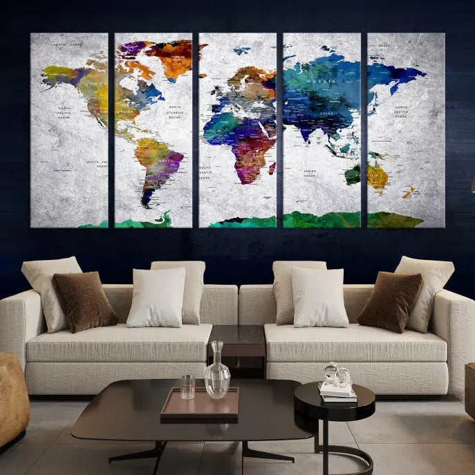 A three-panel, museum-quality Wall Art Push Pin World Map with Antarctica Canvas Print elegantly hangs, adding sophistication to the space.