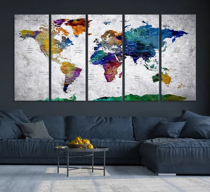 A three-panel, museum-quality Wall Art Push Pin World Map with Antarctica Canvas Print elegantly hangs, adding sophistication to the space.