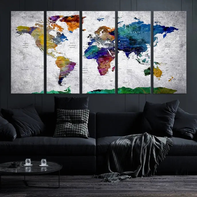 A three-panel, museum-quality Wall Art Push Pin World Map with Antarctica Canvas Print elegantly hangs, adding sophistication to the space.