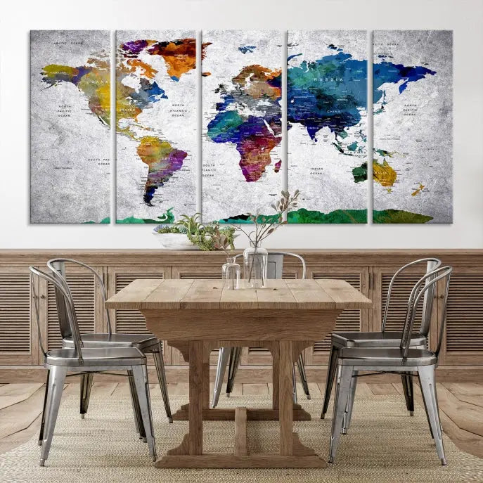 A three-panel, museum-quality Wall Art Push Pin World Map with Antarctica Canvas Print elegantly hangs, adding sophistication to the space.