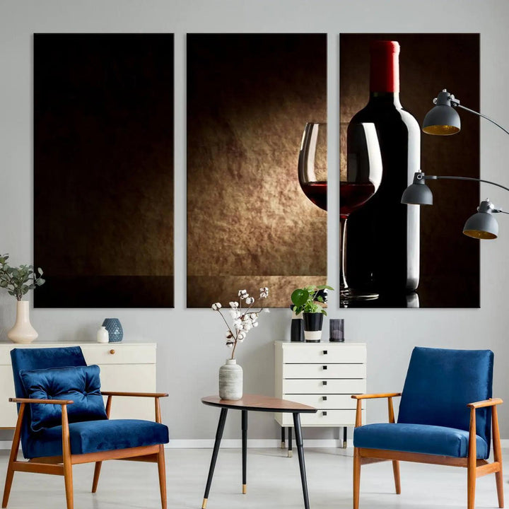 The Wall Art Red Vine in Glass with Bottle Canvas Print is suitable for kitchens or cafes and showcases hand-assembled framed art with a UV-protective coating, making it an ideal complement to modern decor in a stylish living room setting.