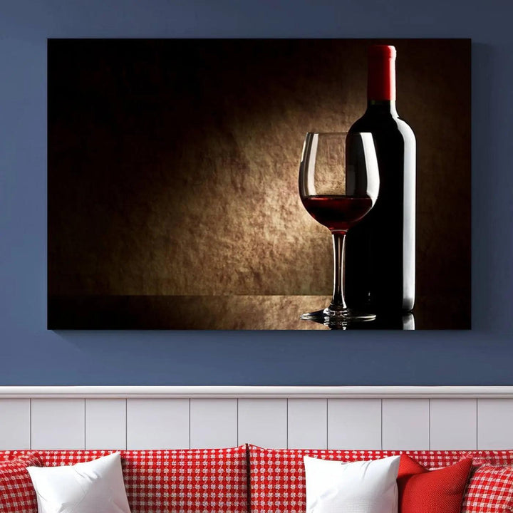 The Wall Art Red Vine in Glass with Bottle Canvas Print is suitable for kitchens or cafes and showcases hand-assembled framed art with a UV-protective coating, making it an ideal complement to modern decor in a stylish living room setting.