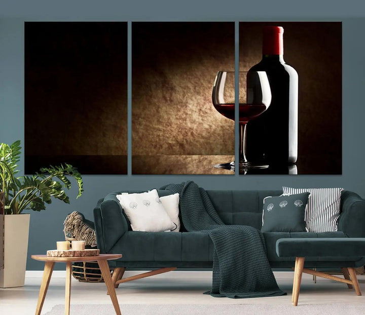 The Wall Art Red Vine in Glass with Bottle Canvas Print is suitable for kitchens or cafes and showcases hand-assembled framed art with a UV-protective coating, making it an ideal complement to modern decor in a stylish living room setting.