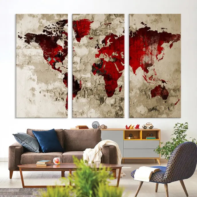 This eye-catching Wall Art Red Watercolor World Map Canvas Print, crafted on museum-quality canvas, showcases vibrant red continents across three panels. Ideal for enhancing a modern living room, it's ready to hang and infuse any space with its contemporary elegance.