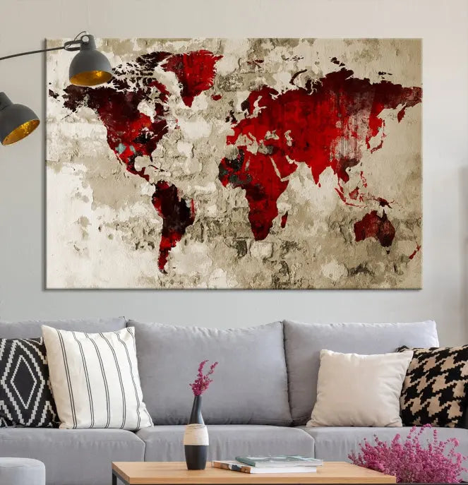 This eye-catching Wall Art Red Watercolor World Map Canvas Print, crafted on museum-quality canvas, showcases vibrant red continents across three panels. Ideal for enhancing a modern living room, it's ready to hang and infuse any space with its contemporary elegance.