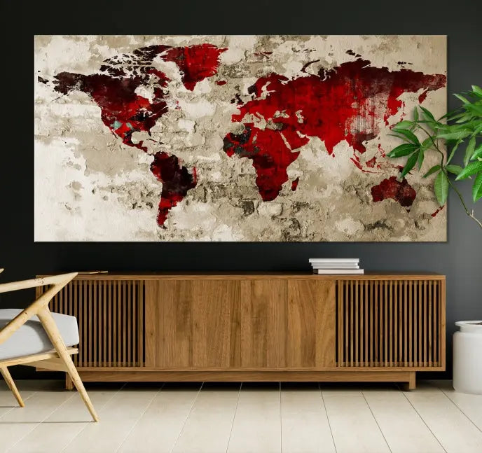 This eye-catching Wall Art Red Watercolor World Map Canvas Print, crafted on museum-quality canvas, showcases vibrant red continents across three panels. Ideal for enhancing a modern living room, it's ready to hang and infuse any space with its contemporary elegance.