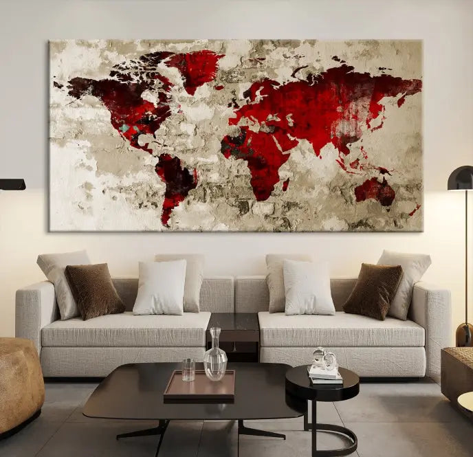 This eye-catching Wall Art Red Watercolor World Map Canvas Print, crafted on museum-quality canvas, showcases vibrant red continents across three panels. Ideal for enhancing a modern living room, it's ready to hang and infuse any space with its contemporary elegance.