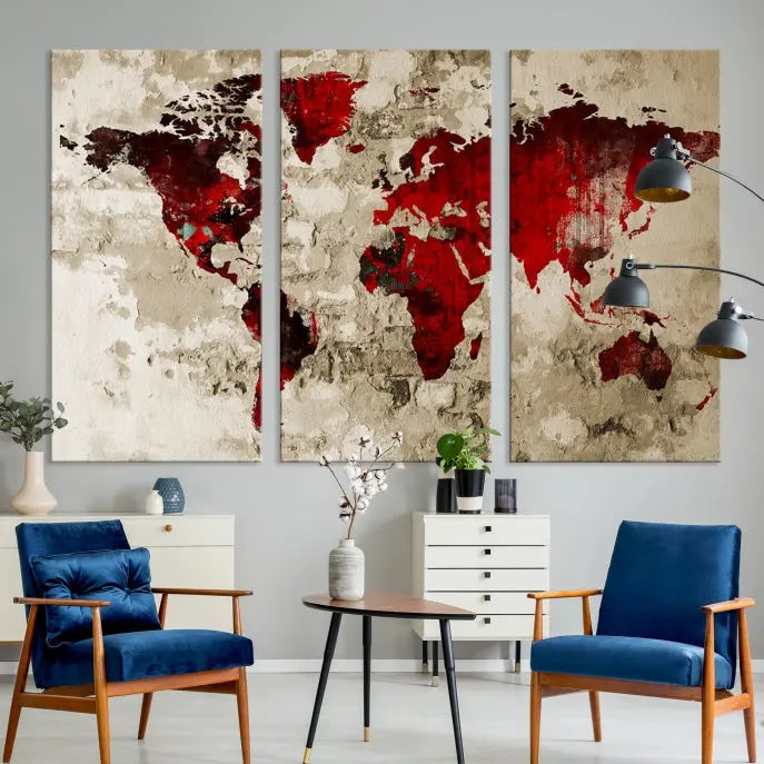 This eye-catching Wall Art Red Watercolor World Map Canvas Print, crafted on museum-quality canvas, showcases vibrant red continents across three panels. Ideal for enhancing a modern living room, it's ready to hang and infuse any space with its contemporary elegance.