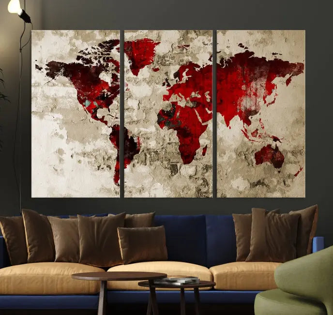 This eye-catching Wall Art Red Watercolor World Map Canvas Print, crafted on museum-quality canvas, showcases vibrant red continents across three panels. Ideal for enhancing a modern living room, it's ready to hang and infuse any space with its contemporary elegance.