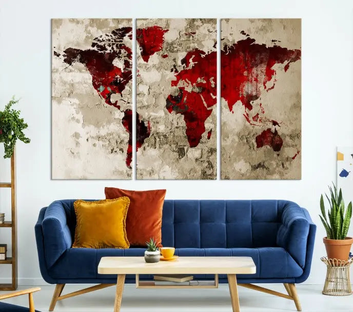 This eye-catching Wall Art Red Watercolor World Map Canvas Print, crafted on museum-quality canvas, showcases vibrant red continents across three panels. Ideal for enhancing a modern living room, it's ready to hang and infuse any space with its contemporary elegance.