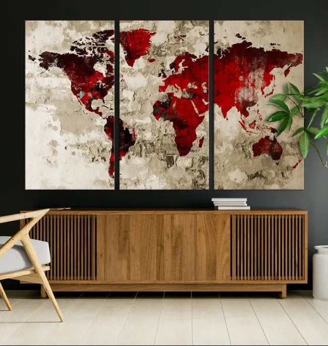 This eye-catching Wall Art Red Watercolor World Map Canvas Print, crafted on museum-quality canvas, showcases vibrant red continents across three panels. Ideal for enhancing a modern living room, it's ready to hang and infuse any space with its contemporary elegance.