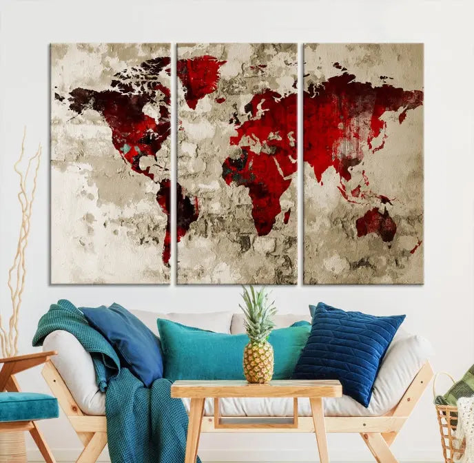 This eye-catching Wall Art Red Watercolor World Map Canvas Print, crafted on museum-quality canvas, showcases vibrant red continents across three panels. Ideal for enhancing a modern living room, it's ready to hang and infuse any space with its contemporary elegance.