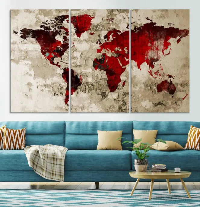 This eye-catching Wall Art Red Watercolor World Map Canvas Print, crafted on museum-quality canvas, showcases vibrant red continents across three panels. Ideal for enhancing a modern living room, it's ready to hang and infuse any space with its contemporary elegance.