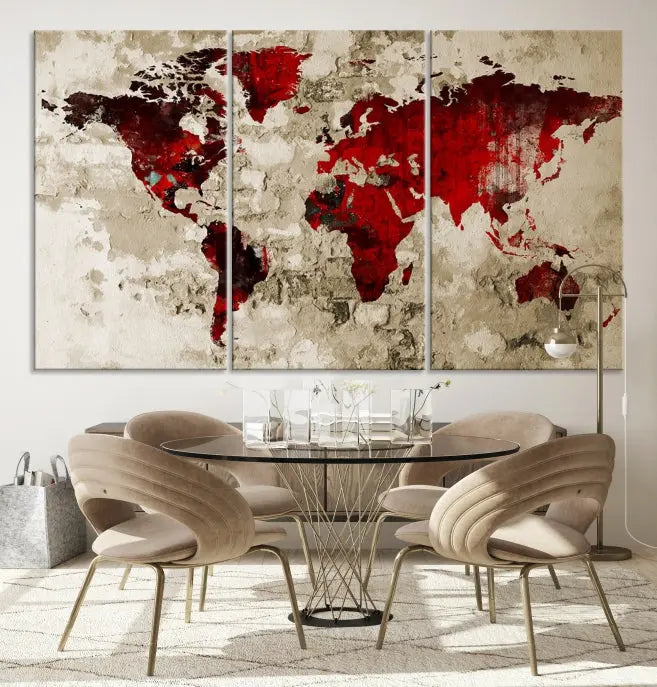 This eye-catching Wall Art Red Watercolor World Map Canvas Print, crafted on museum-quality canvas, showcases vibrant red continents across three panels. Ideal for enhancing a modern living room, it's ready to hang and infuse any space with its contemporary elegance.