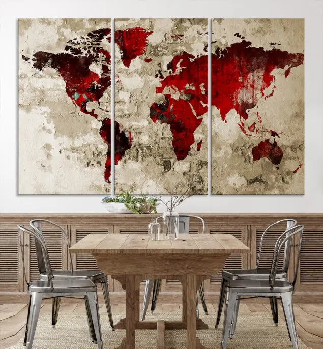 This eye-catching Wall Art Red Watercolor World Map Canvas Print, crafted on museum-quality canvas, showcases vibrant red continents across three panels. Ideal for enhancing a modern living room, it's ready to hang and infuse any space with its contemporary elegance.