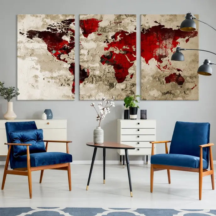 This eye-catching Wall Art Red Watercolor World Map Canvas Print, crafted on museum-quality canvas, showcases vibrant red continents across three panels. Ideal for enhancing a modern living room, it's ready to hang and infuse any space with its contemporary elegance.