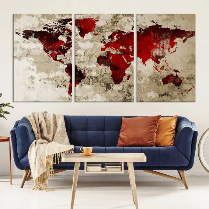 This eye-catching Wall Art Red Watercolor World Map Canvas Print, crafted on museum-quality canvas, showcases vibrant red continents across three panels. Ideal for enhancing a modern living room, it's ready to hang and infuse any space with its contemporary elegance.