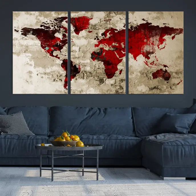 This eye-catching Wall Art Red Watercolor World Map Canvas Print, crafted on museum-quality canvas, showcases vibrant red continents across three panels. Ideal for enhancing a modern living room, it's ready to hang and infuse any space with its contemporary elegance.