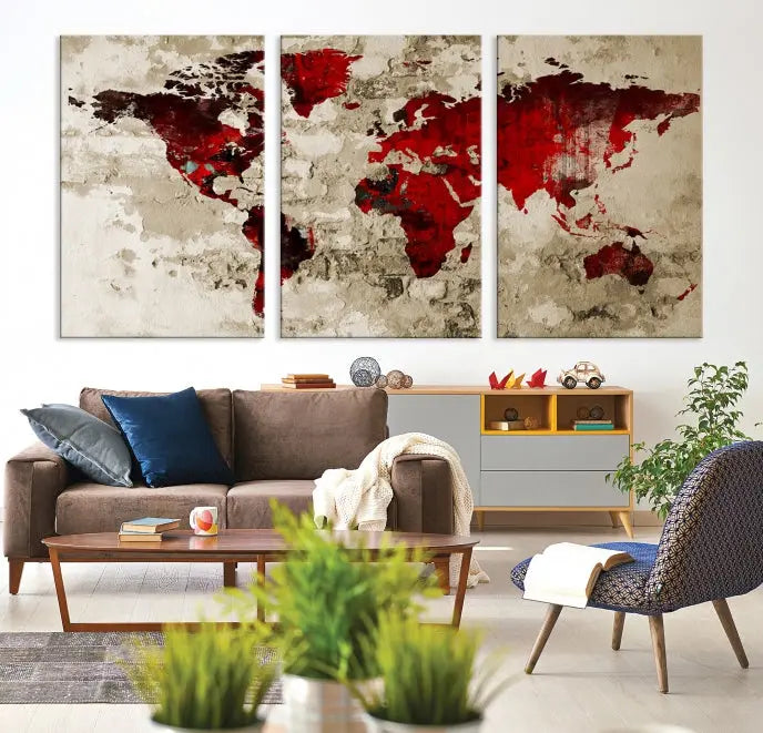 This eye-catching Wall Art Red Watercolor World Map Canvas Print, crafted on museum-quality canvas, showcases vibrant red continents across three panels. Ideal for enhancing a modern living room, it's ready to hang and infuse any space with its contemporary elegance.