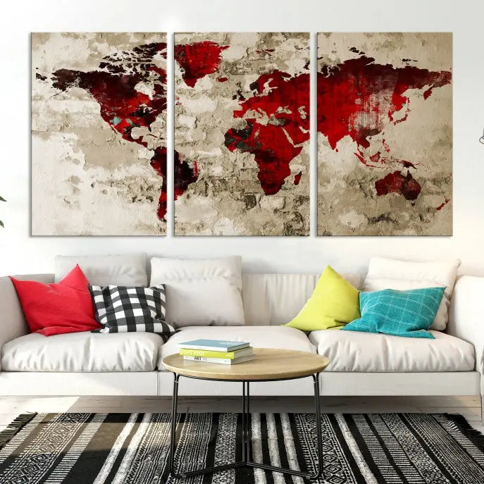 This eye-catching Wall Art Red Watercolor World Map Canvas Print, crafted on museum-quality canvas, showcases vibrant red continents across three panels. Ideal for enhancing a modern living room, it's ready to hang and infuse any space with its contemporary elegance.