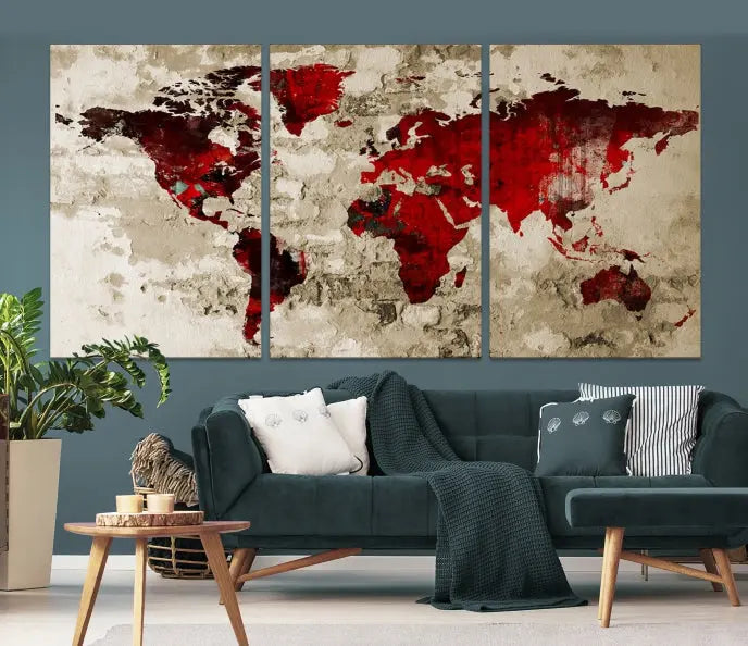 This eye-catching Wall Art Red Watercolor World Map Canvas Print, crafted on museum-quality canvas, showcases vibrant red continents across three panels. Ideal for enhancing a modern living room, it's ready to hang and infuse any space with its contemporary elegance.