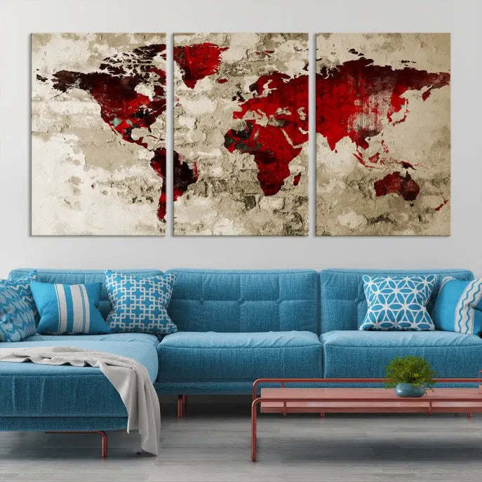 This eye-catching Wall Art Red Watercolor World Map Canvas Print, crafted on museum-quality canvas, showcases vibrant red continents across three panels. Ideal for enhancing a modern living room, it's ready to hang and infuse any space with its contemporary elegance.