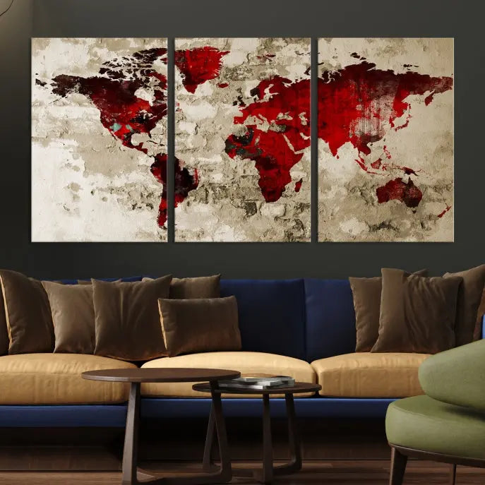 This eye-catching Wall Art Red Watercolor World Map Canvas Print, crafted on museum-quality canvas, showcases vibrant red continents across three panels. Ideal for enhancing a modern living room, it's ready to hang and infuse any space with its contemporary elegance.