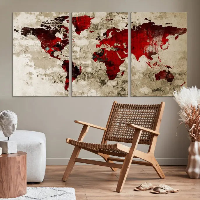 This eye-catching Wall Art Red Watercolor World Map Canvas Print, crafted on museum-quality canvas, showcases vibrant red continents across three panels. Ideal for enhancing a modern living room, it's ready to hang and infuse any space with its contemporary elegance.