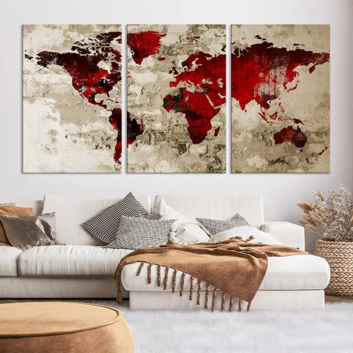 This eye-catching Wall Art Red Watercolor World Map Canvas Print, crafted on museum-quality canvas, showcases vibrant red continents across three panels. Ideal for enhancing a modern living room, it's ready to hang and infuse any space with its contemporary elegance.