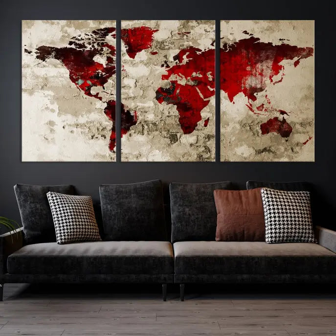 This eye-catching Wall Art Red Watercolor World Map Canvas Print, crafted on museum-quality canvas, showcases vibrant red continents across three panels. Ideal for enhancing a modern living room, it's ready to hang and infuse any space with its contemporary elegance.