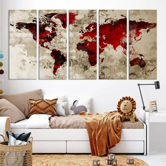 This eye-catching Wall Art Red Watercolor World Map Canvas Print, crafted on museum-quality canvas, showcases vibrant red continents across three panels. Ideal for enhancing a modern living room, it's ready to hang and infuse any space with its contemporary elegance.