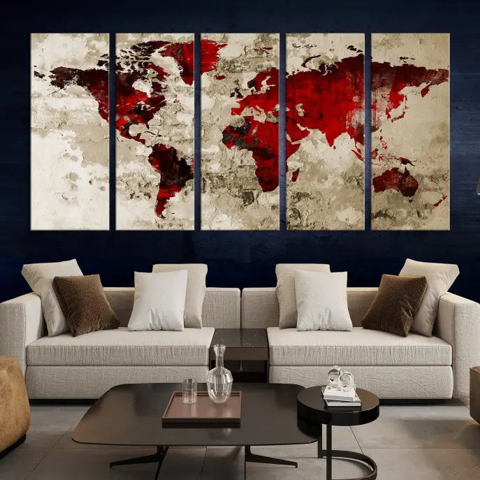 This eye-catching Wall Art Red Watercolor World Map Canvas Print, crafted on museum-quality canvas, showcases vibrant red continents across three panels. Ideal for enhancing a modern living room, it's ready to hang and infuse any space with its contemporary elegance.