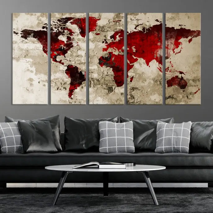 This eye-catching Wall Art Red Watercolor World Map Canvas Print, crafted on museum-quality canvas, showcases vibrant red continents across three panels. Ideal for enhancing a modern living room, it's ready to hang and infuse any space with its contemporary elegance.