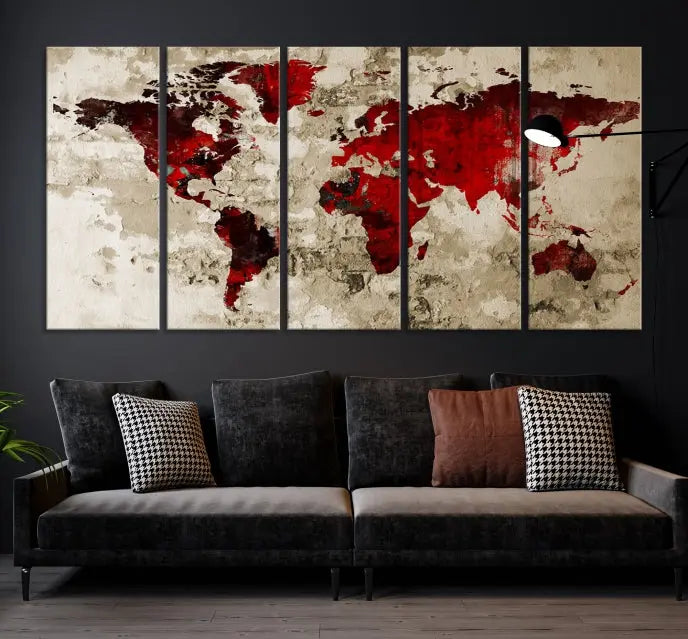 This eye-catching Wall Art Red Watercolor World Map Canvas Print, crafted on museum-quality canvas, showcases vibrant red continents across three panels. Ideal for enhancing a modern living room, it's ready to hang and infuse any space with its contemporary elegance.