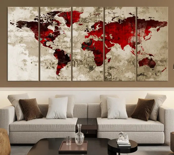 This eye-catching Wall Art Red Watercolor World Map Canvas Print, crafted on museum-quality canvas, showcases vibrant red continents across three panels. Ideal for enhancing a modern living room, it's ready to hang and infuse any space with its contemporary elegance.