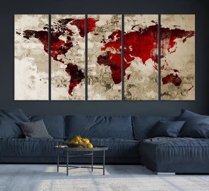 This eye-catching Wall Art Red Watercolor World Map Canvas Print, crafted on museum-quality canvas, showcases vibrant red continents across three panels. Ideal for enhancing a modern living room, it's ready to hang and infuse any space with its contemporary elegance.