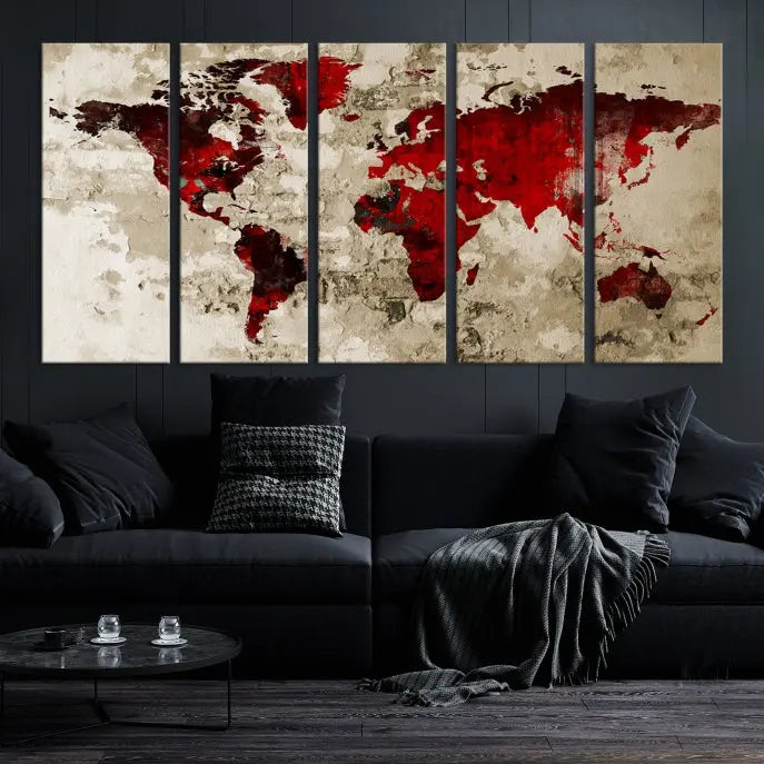 This eye-catching Wall Art Red Watercolor World Map Canvas Print, crafted on museum-quality canvas, showcases vibrant red continents across three panels. Ideal for enhancing a modern living room, it's ready to hang and infuse any space with its contemporary elegance.