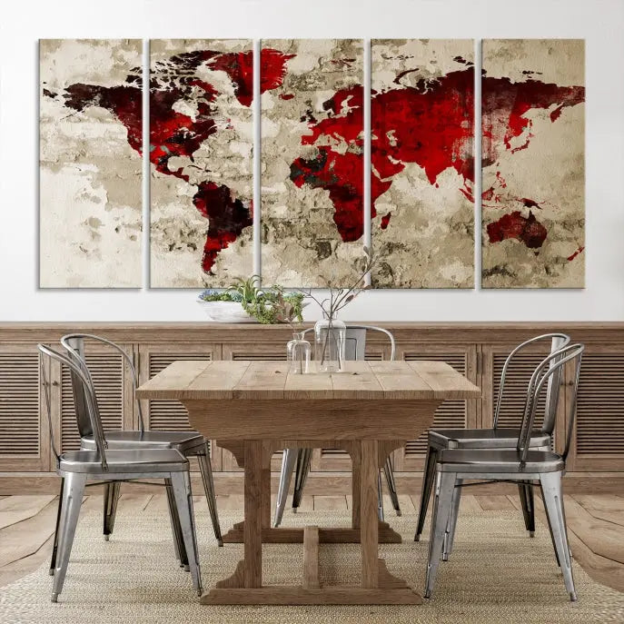 This eye-catching Wall Art Red Watercolor World Map Canvas Print, crafted on museum-quality canvas, showcases vibrant red continents across three panels. Ideal for enhancing a modern living room, it's ready to hang and infuse any space with its contemporary elegance.